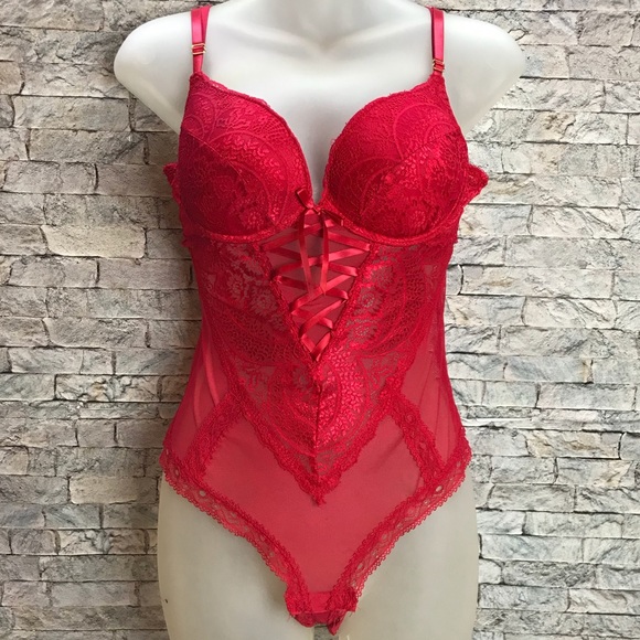 Black Fuchsia by Secret Lace Red Lace Medium Teddy - Picture 1 of 16